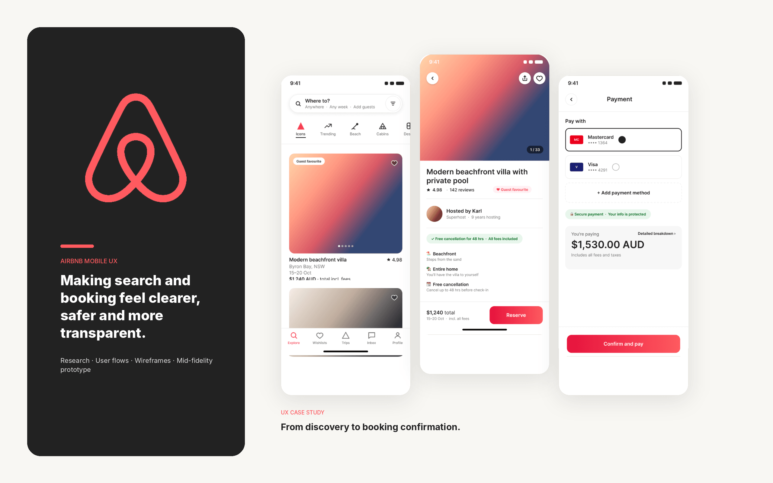 Airbnb UX case study cover showing the research board and redesigned booking screens