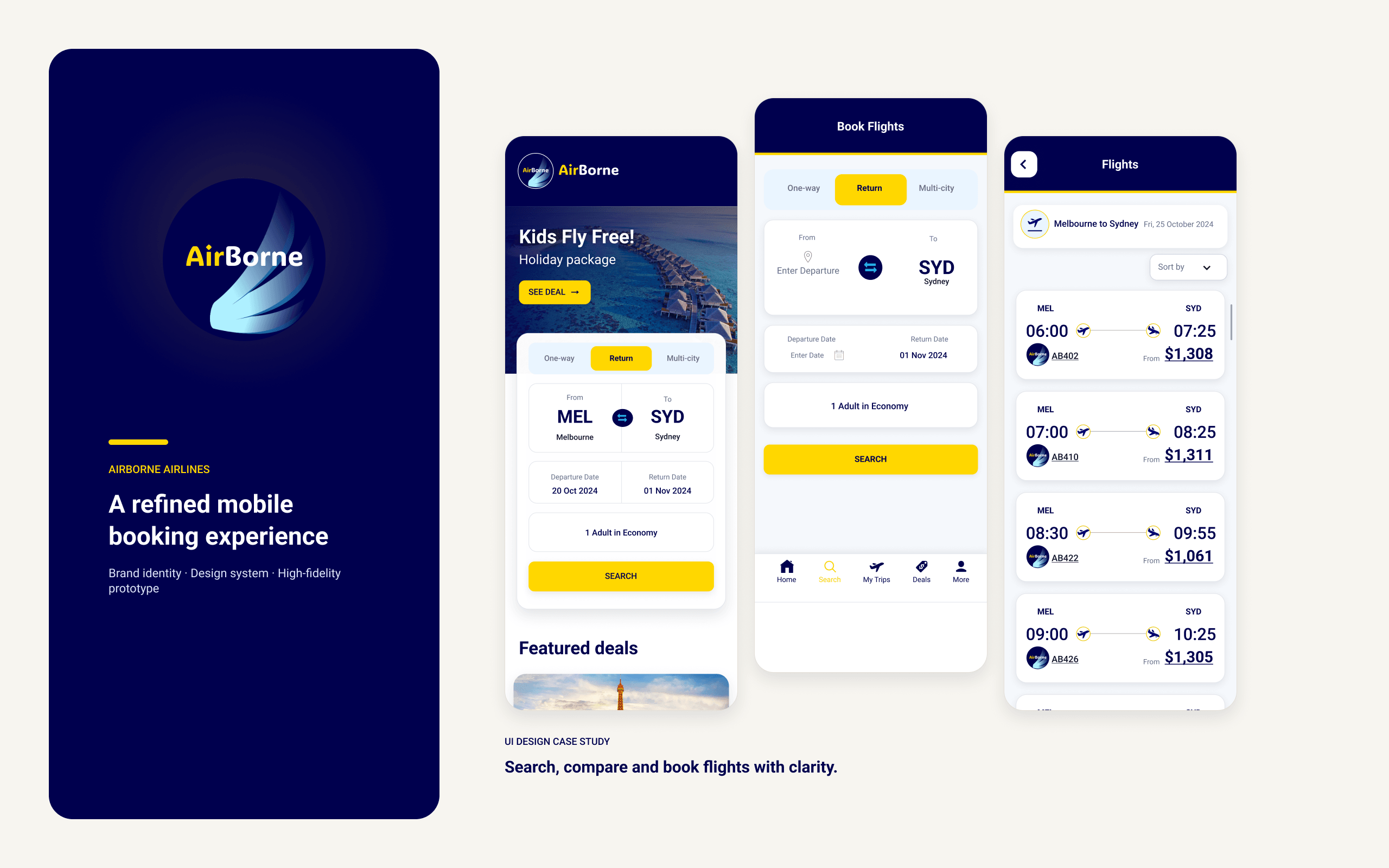 AirBorne UI case study cover showing the mobile app booking screens
