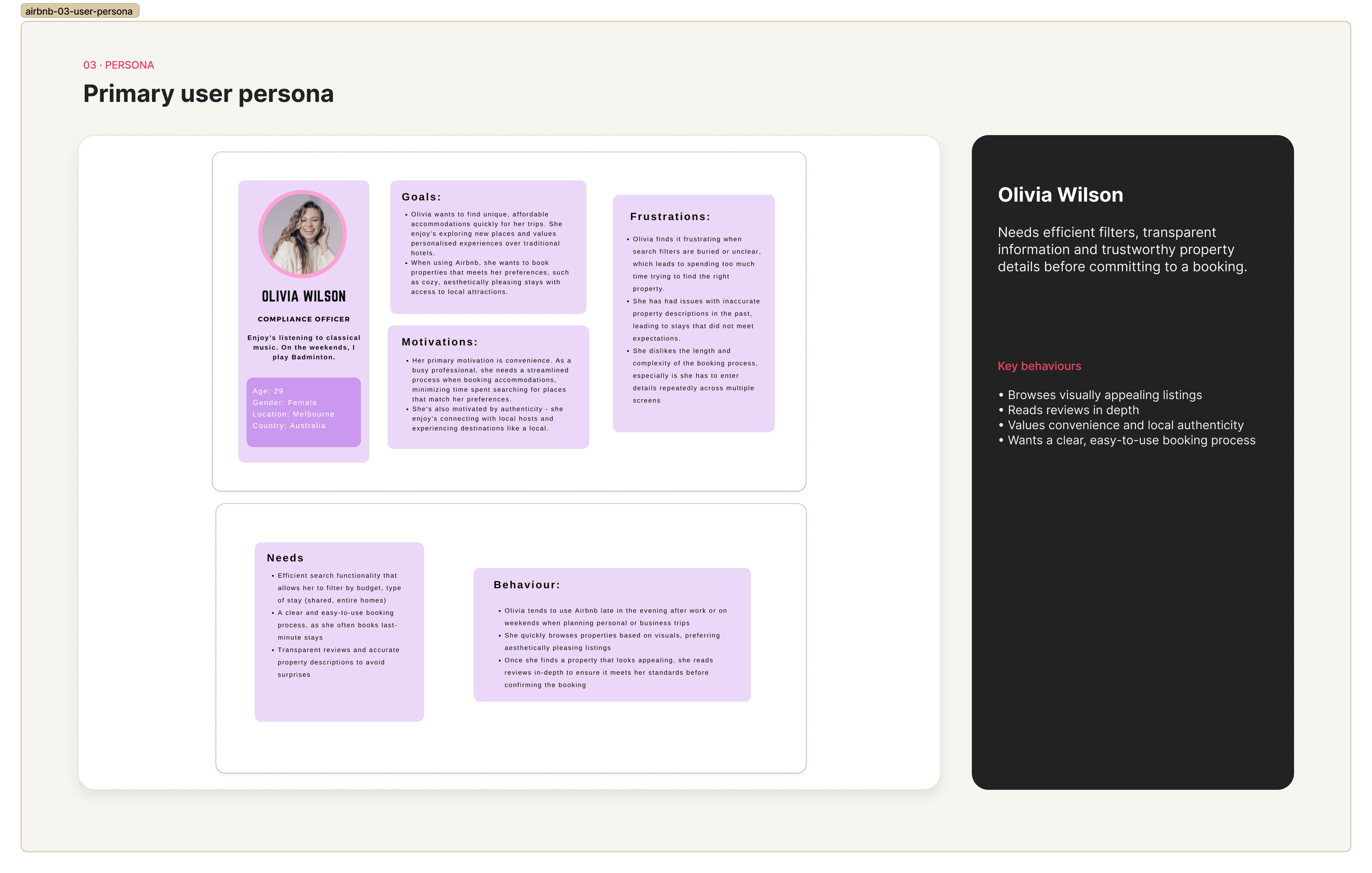 Primary user persona for the Airbnb booking study