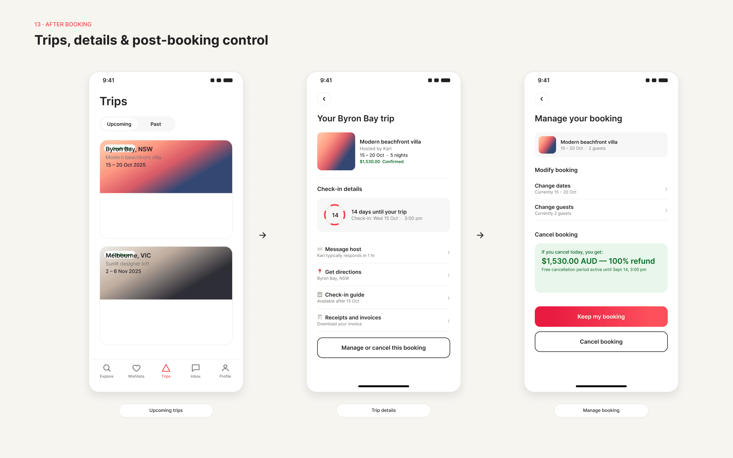 Trip management view for reviewing and comparing saved stays
