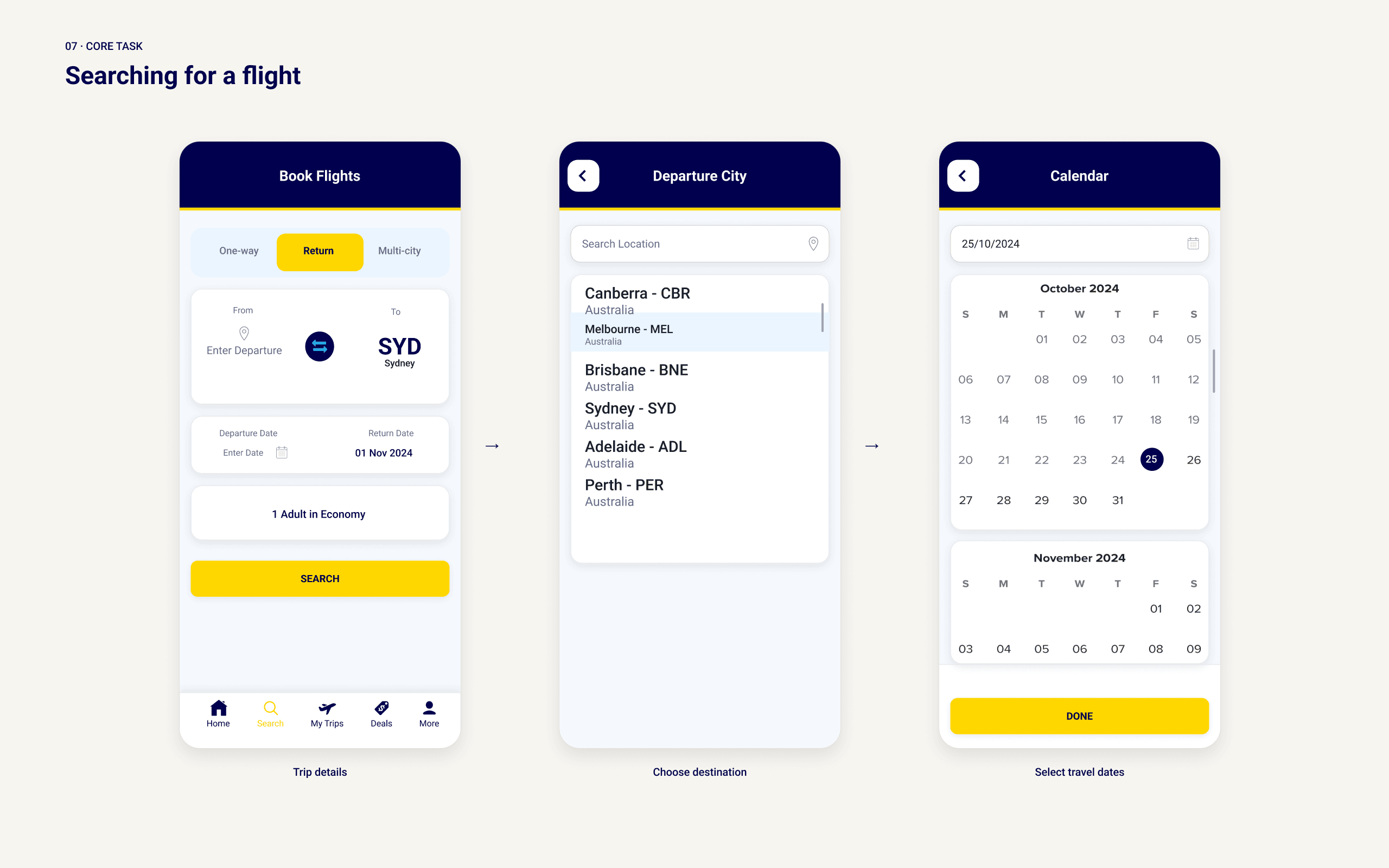 AirBorne flight search screen with trip type, dates and passengers
