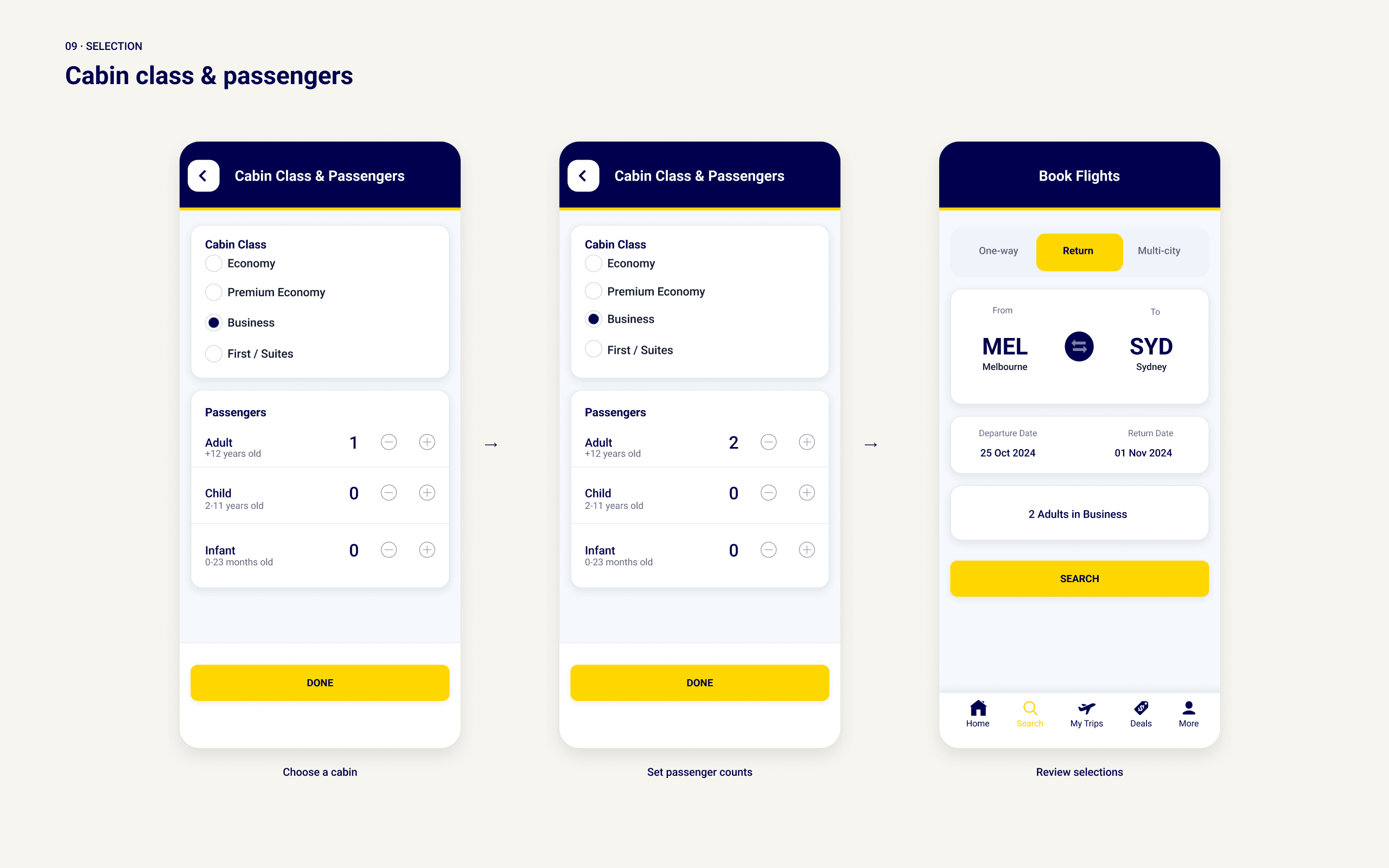 AirBorne cabin class and passenger selection screen