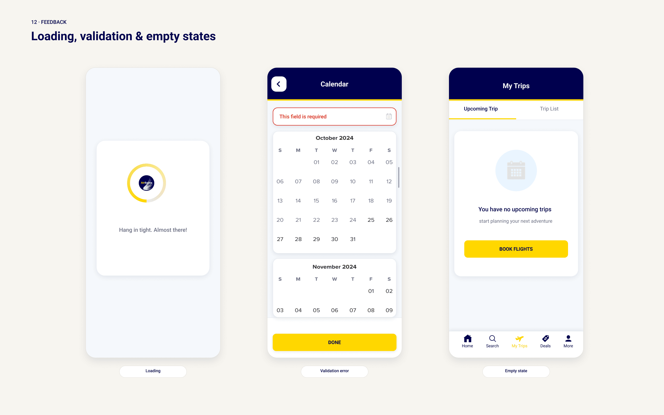 AirBorne interface states: default, selected, empty and error