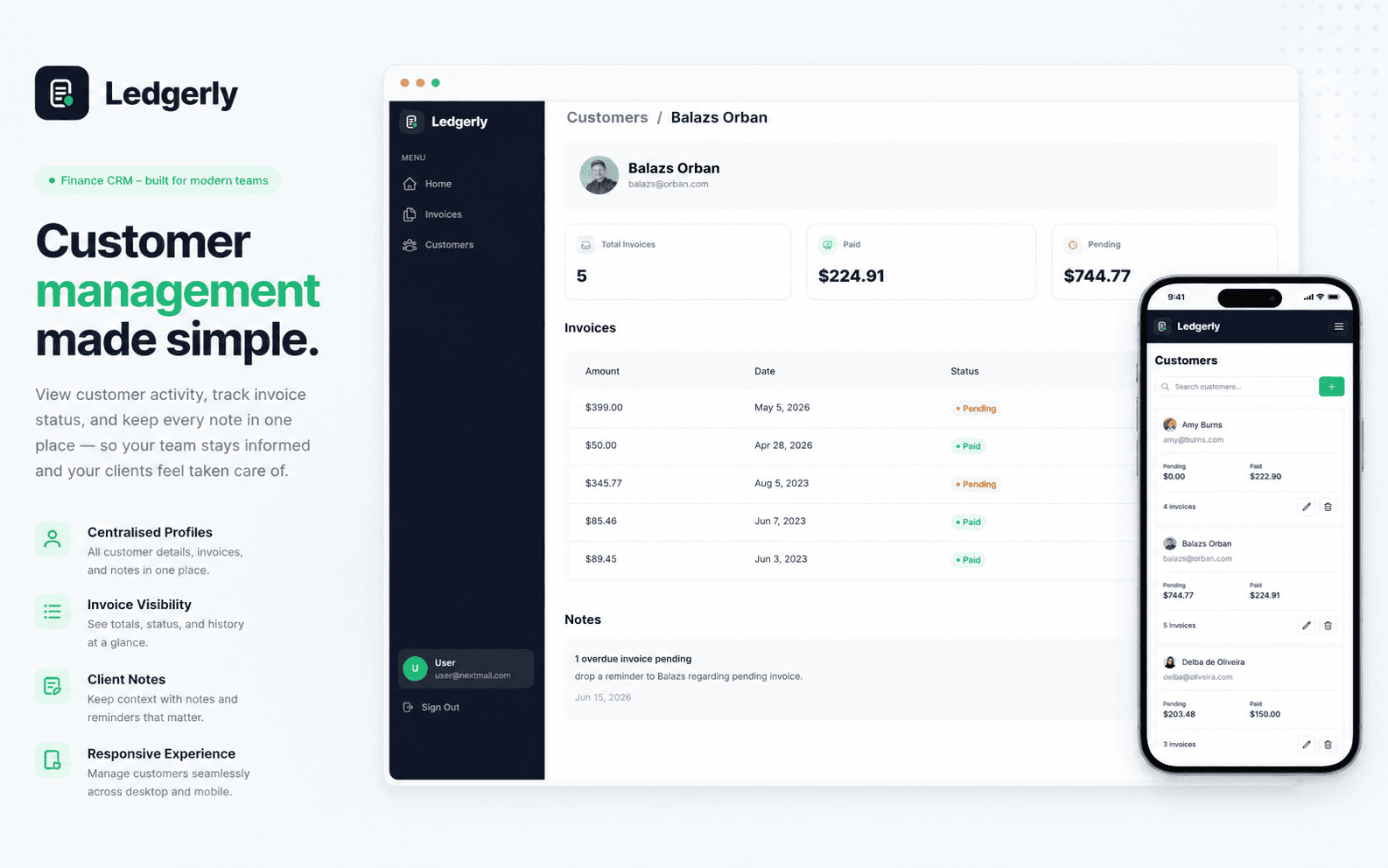 Ledgerly customer management view with client records and notes