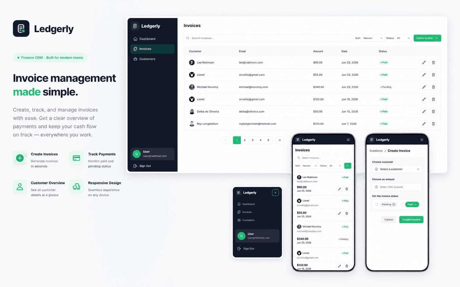 Ledgerly invoice management table showing paid and pending invoices