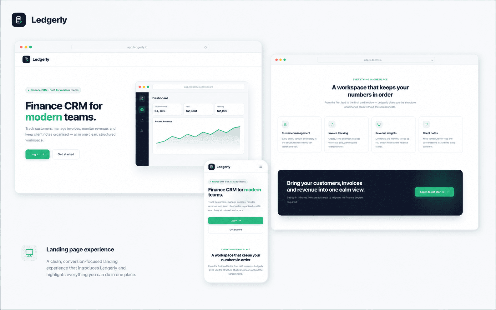 Ledgerly marketing landing page presenting the finance CRM