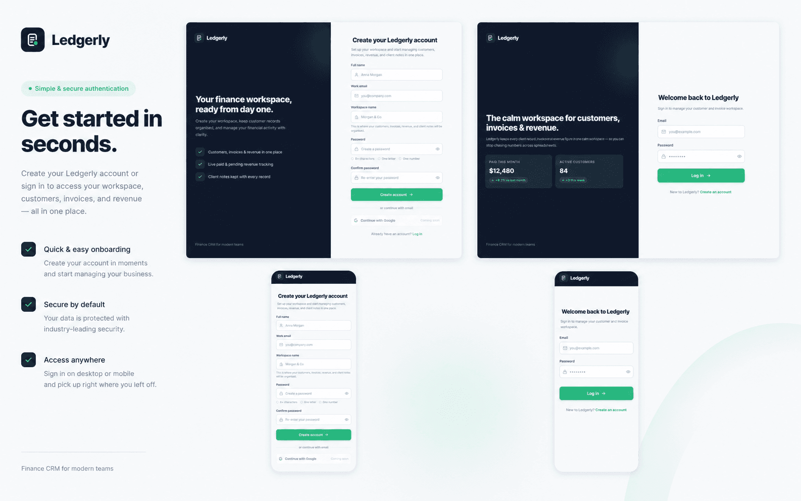 Ledgerly onboarding flow guiding new users through account setup